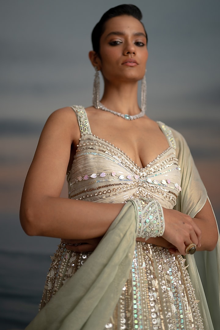 Ivory Organza Crystal Embroidered Draped Wedding Gown by Shashank Arya at Pernia's Pop Up Shop