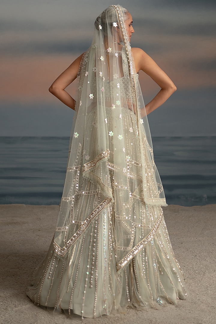 Grey Tulle Pearl Embroidered Wedding Lehenga Set by Shashank Arya at Pernia's Pop Up Shop