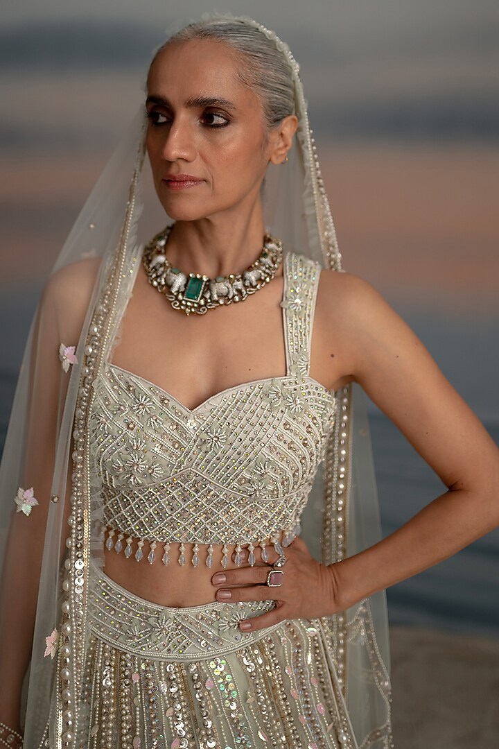 Grey Tulle Pearl Embroidered Wedding Lehenga Set by Shashank Arya at Pernia's Pop Up Shop