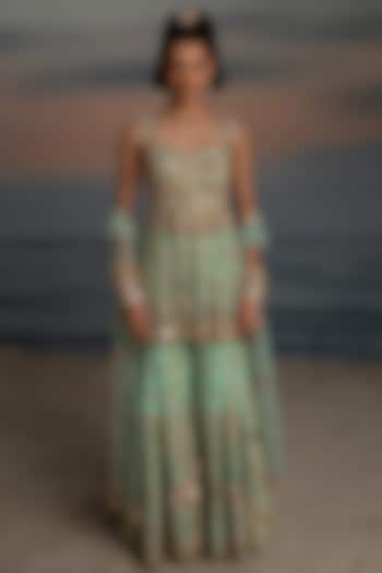 Light Blue Tulle Pearl Embroidered Bridal Sharara Set by Shashank Arya at Pernia's Pop Up Shop