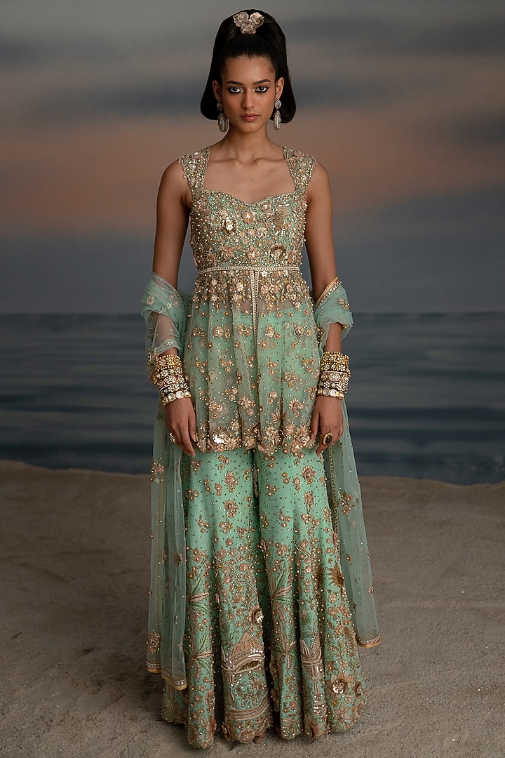 Light Blue Tulle Pearl Embroidered Bridal Sharara Set by Shashank Arya at Pernia's Pop Up Shop