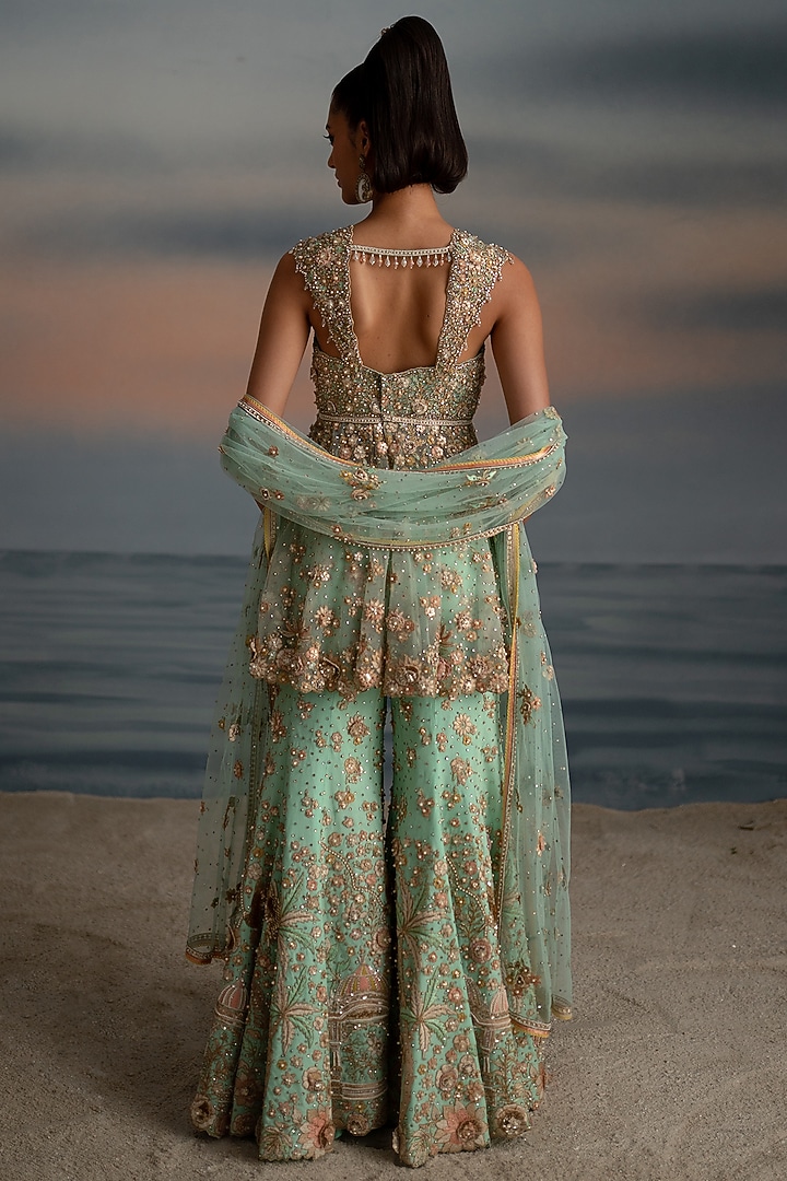 Light Blue Tulle Pearl Embroidered Bridal Sharara Set by Shashank Arya at Pernia's Pop Up Shop