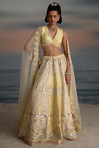 Lemon & Ivory Dupion Resham Embroidered Lehenga Set by Shashank Arya