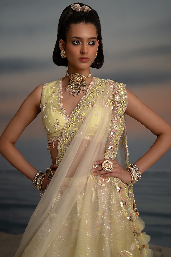 Lemon & Ivory Dupion Resham Embroidered Wedding Lehenga Set by Shashank Arya at Pernia's Pop Up Shop