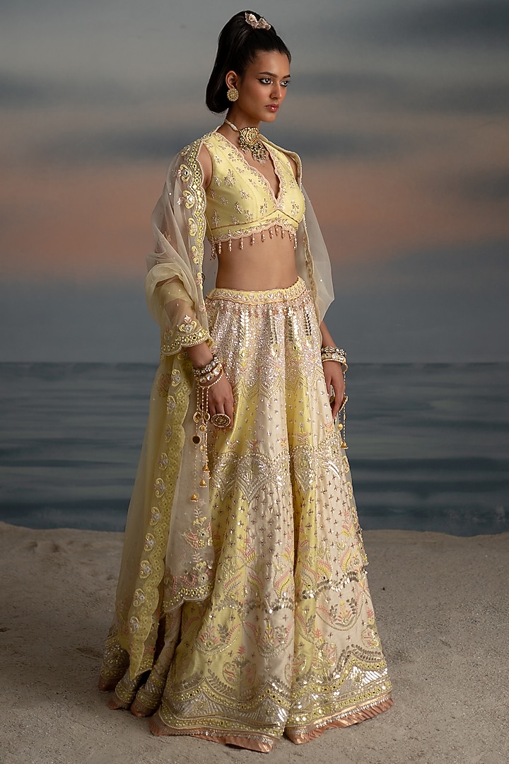 Lemon & Ivory Dupion Resham Embroidered Wedding Lehenga Set by Shashank Arya at Pernia's Pop Up Shop