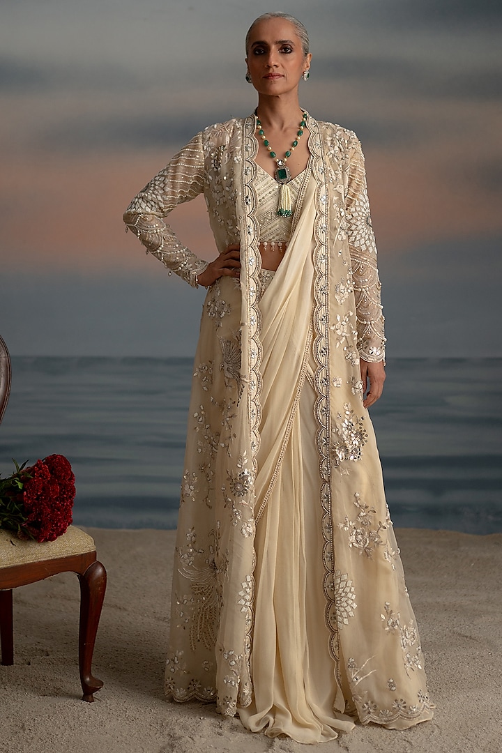 Ivory Georgette Pre-Stitched Jacket Reception Saree Set by Shashank Arya at Pernia's Pop Up Shop