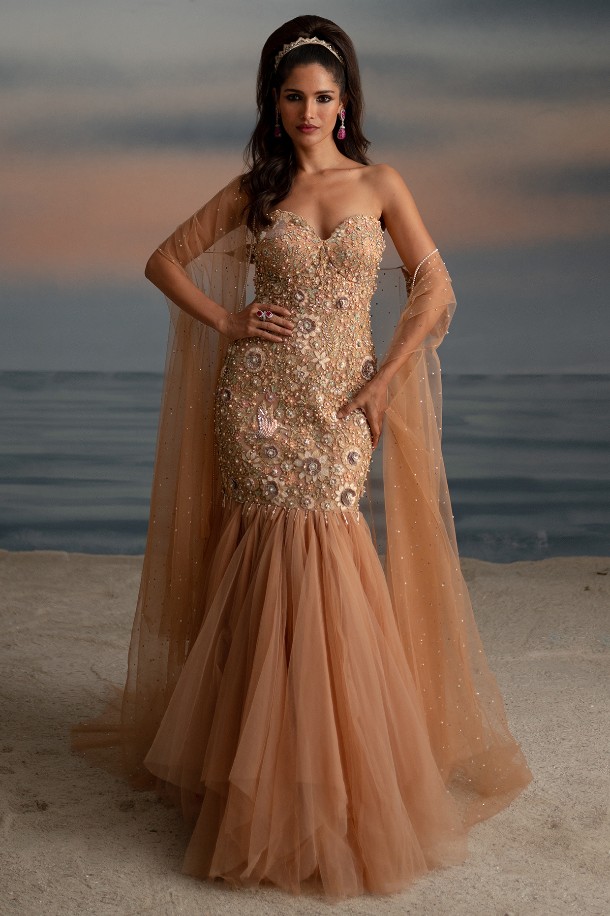 Nude Tulle Pearl Embroidered Fish-Cut Wedding Gown With Cape by Shashank Arya at Pernia's Pop Up Shop