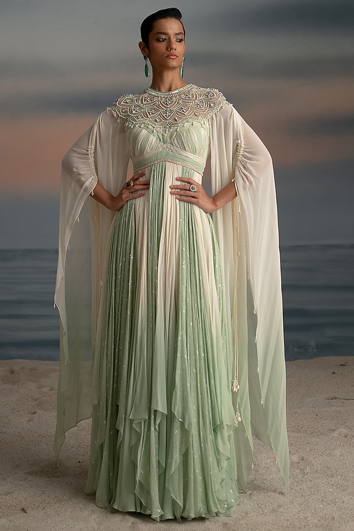 Ivory & Mint Organza Stone Embroidered Wedding Anarkali by Shashank Arya at Pernia's Pop Up Shop