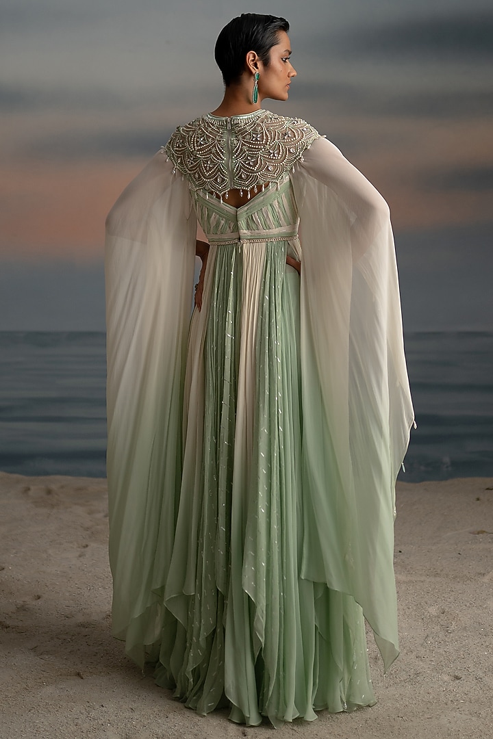 Ivory & Mint Organza Stone Embroidered Wedding Anarkali by Shashank Arya at Pernia's Pop Up Shop