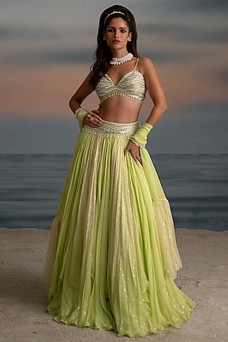 Green Georgette Layered Lehenga Set by Shashank Arya
