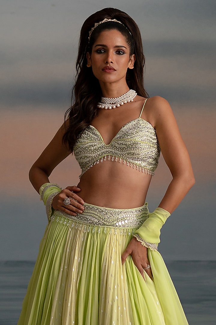 Green Georgette Layered Wedding Lehenga Set by Shashank Arya at Pernia's Pop Up Shop