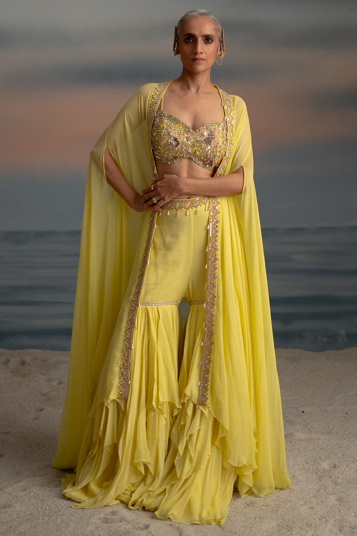 Yellow Foil Georgette Layered Wedding Sharara Set by Shashank Arya at Pernia's Pop Up Shop