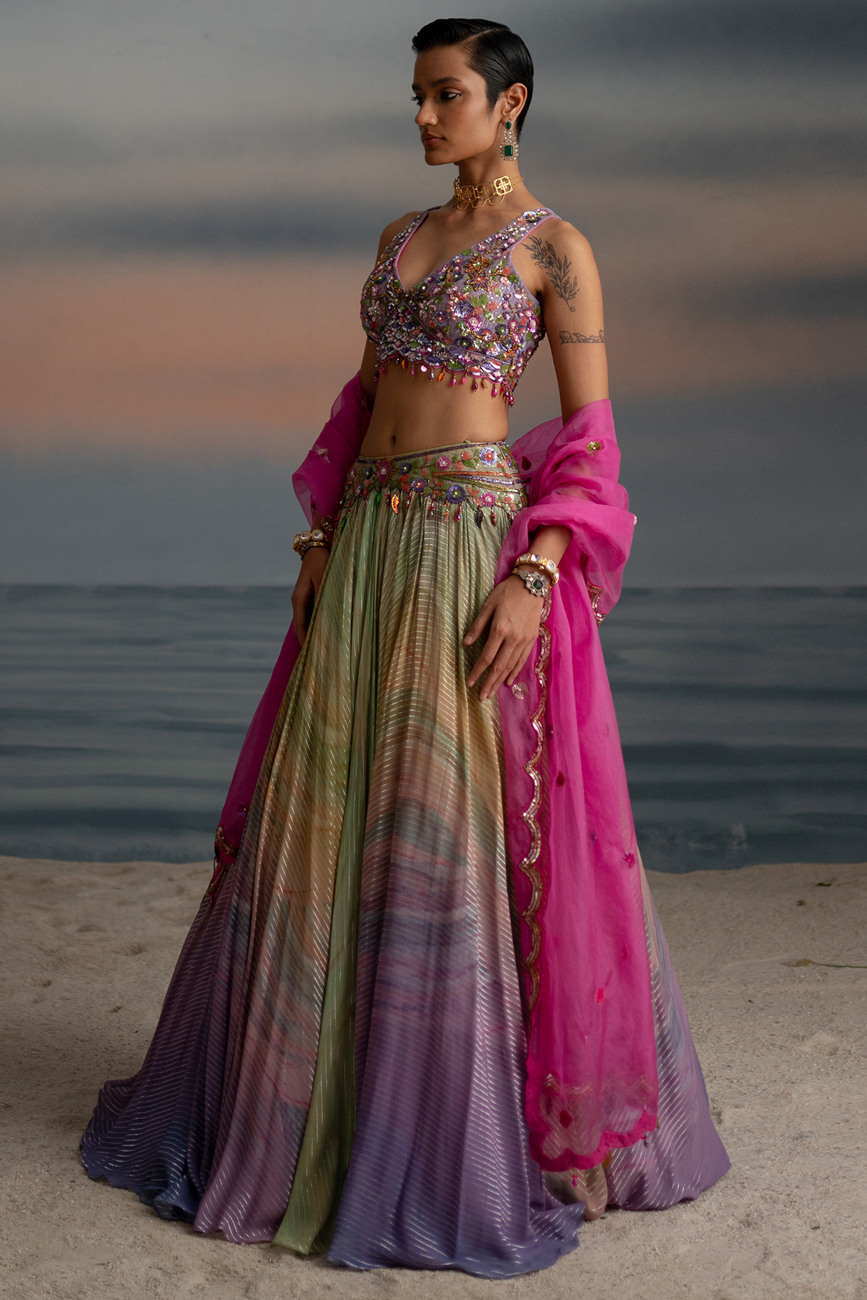 Lilac & Pink Ombre Georgette Digital Printed Wedding Lehenga Set by Shashank Arya at Pernia's Pop Up Shop