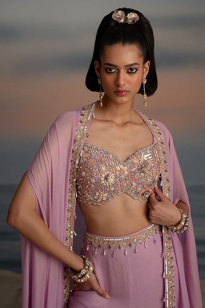 Lilac Foil Georgette Layered Wedding Sharara Set by Shashank Arya at Pernia's Pop Up Shop