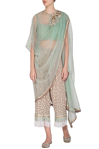 Mint Green Embroidered Draped Top With Taupe Pants & Camisole by Shashank Arya