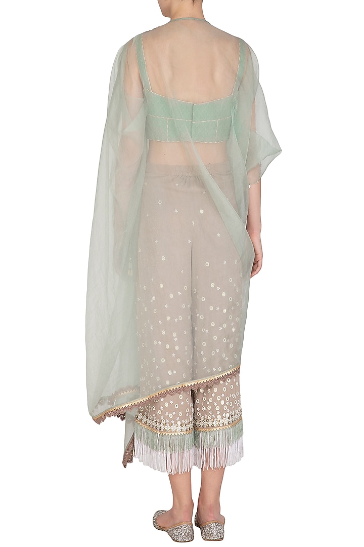 Mint Green Embroidered Draped Top With Taupe Pants & Camisole by Shashank Arya at Pernia's Pop Up Shop