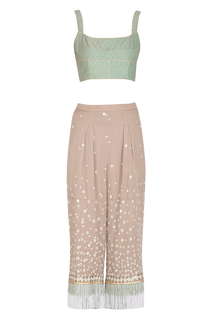 Mint Green Embroidered Draped Top With Taupe Pants & Camisole by Shashank Arya at Pernia's Pop Up Shop