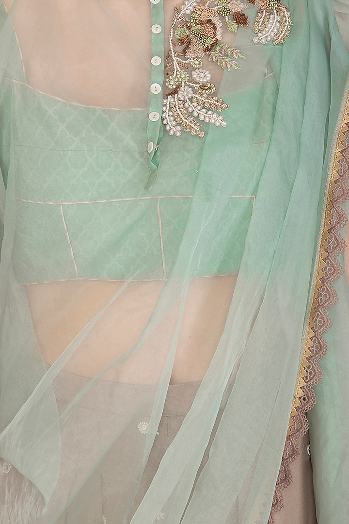 Mint Green Embroidered Draped Top With Taupe Pants & Camisole by Shashank Arya at Pernia's Pop Up Shop