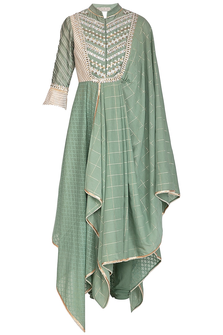 Green Embellished Saree Draped Kurta With Churidar Pants by Shashank Arya