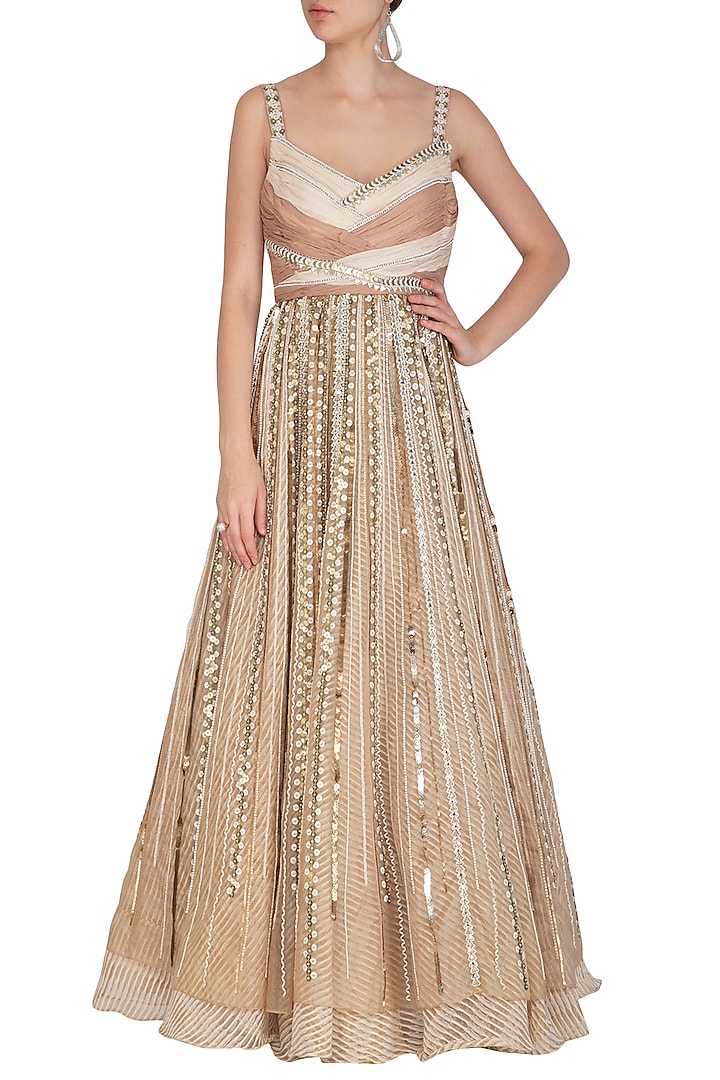 Beige Embroidered Engagement Gown by Shashank Arya at Pernia's Pop Up Shop