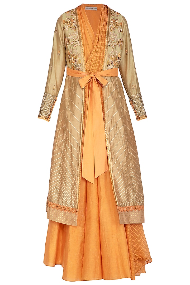 Tangerine Kurta With Pants & Embellished Jacket by Shashank Arya