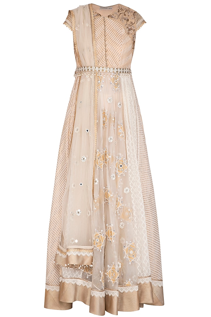 Ivory Embroidered Wedding Anarkali Set With Belt by Shashank Arya at Pernia's Pop Up Shop