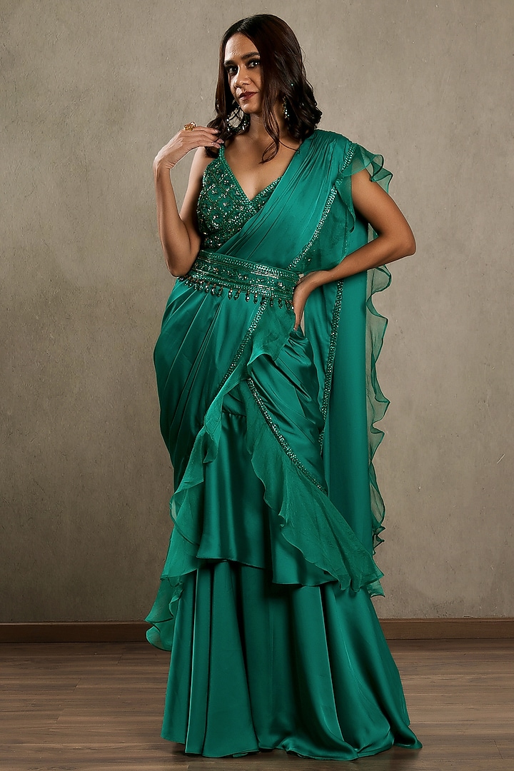 Green Embroidered Concept Saree Set by Shashank Arya