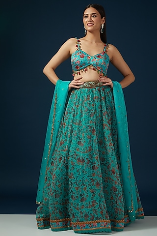 Turquoise Organza Printed Lehenga Set by Shashank Arya