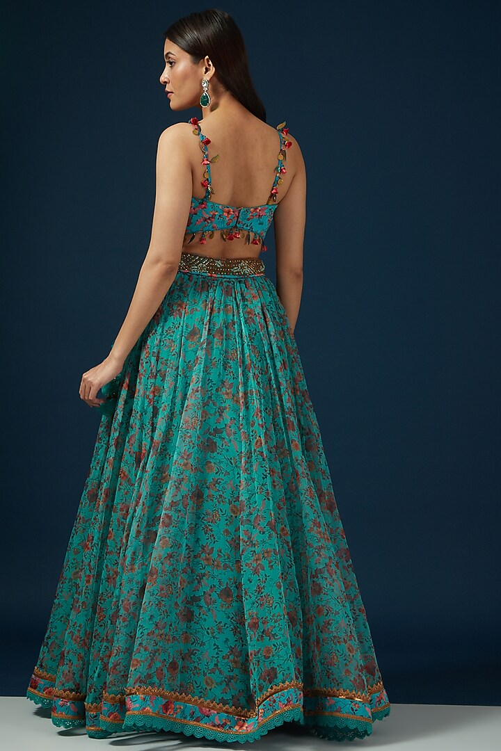 Turquoise Organza Printed Wedding Lehenga Set by Shashank Arya at Pernia's Pop Up Shop
