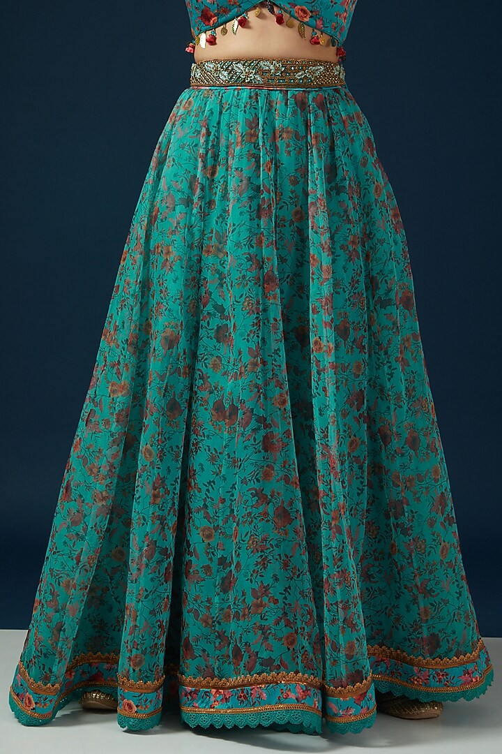 Turquoise Organza Printed Wedding Lehenga Set by Shashank Arya at Pernia's Pop Up Shop