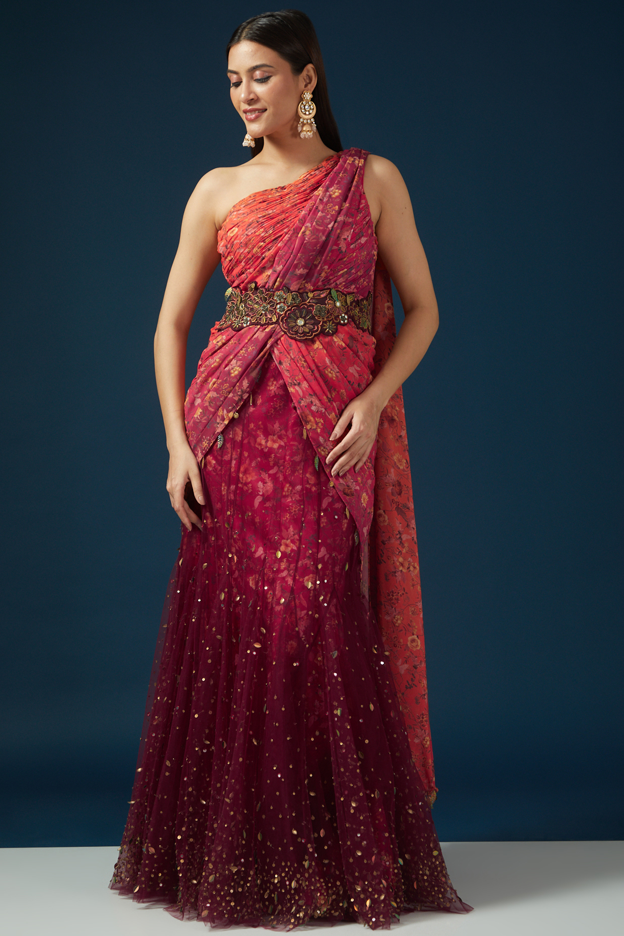 Orange & Wine Flat Chiffon Printed Draped Gown Saree Set by Shashank Arya