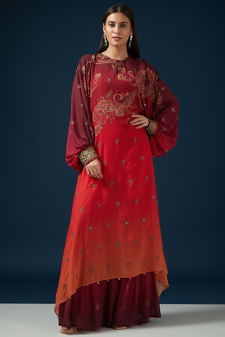 Orange & Wine Flat Chiffon Printed Kurta Set by Shashank Arya at Pernia's Pop Up Shop