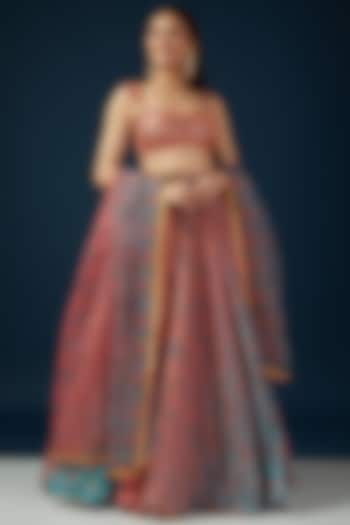 Peach & Blue Flat Chiffon Printed Wedding Lehenga Set by Shashank Arya at Pernia's Pop Up Shop