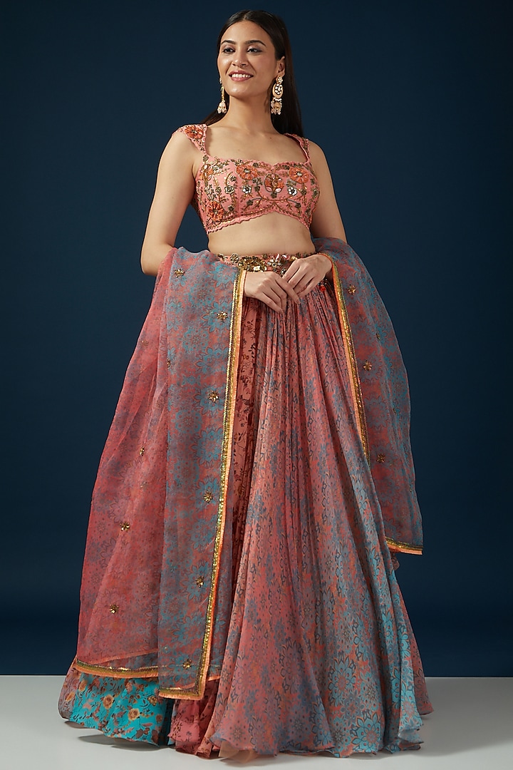 Peach & Blue Flat Chiffon Printed Wedding Lehenga Set by Shashank Arya at Pernia's Pop Up Shop