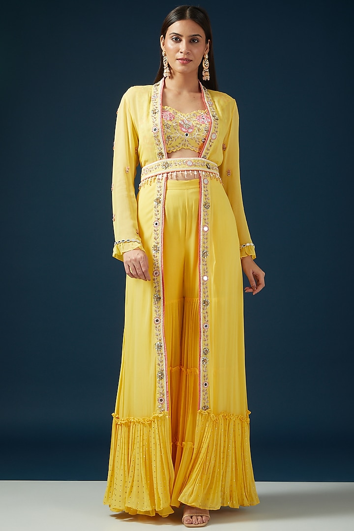 Yellow Georgette & Silk Jacket Set by Shashank Arya at Pernia's Pop Up Shop