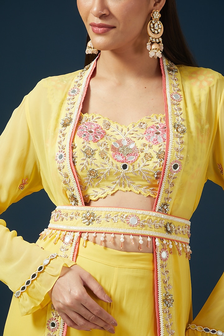 Yellow Georgette & Silk Jacket Set by Shashank Arya at Pernia's Pop Up Shop