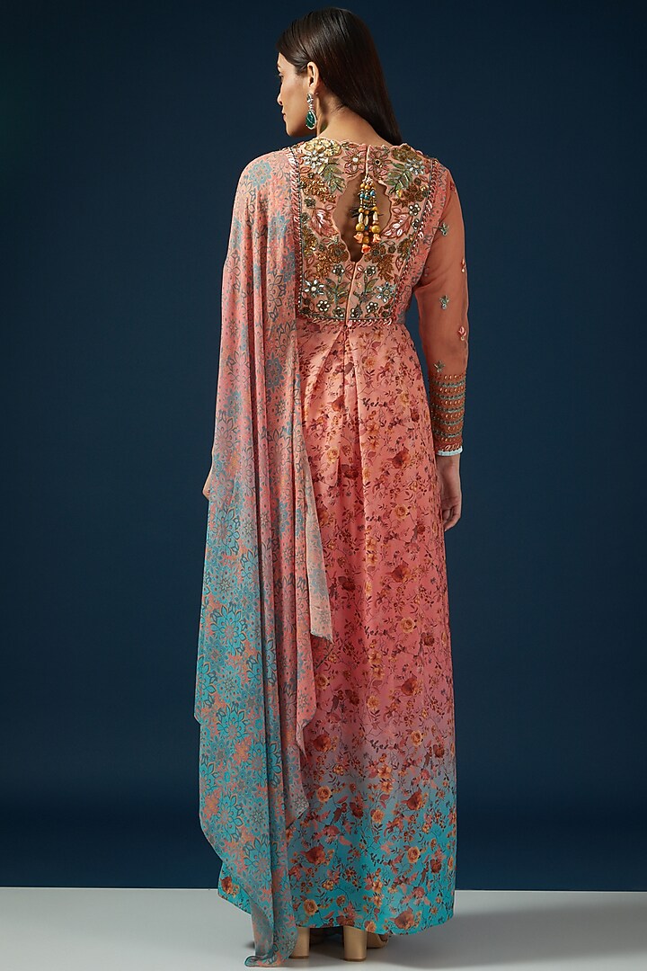 Peach & Blue Flat Chiffon Printed Draped Wedding Anarkali Set by Shashank Arya at Pernia's Pop Up Shop