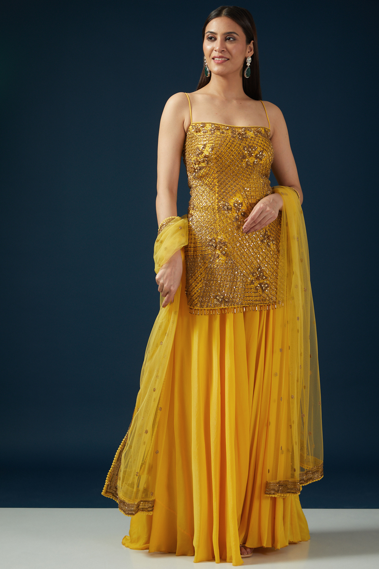 Yellow Georgette & Crepe Hand Embroidered Kurta Set by Shashank Arya at Pernia's Pop Up Shop