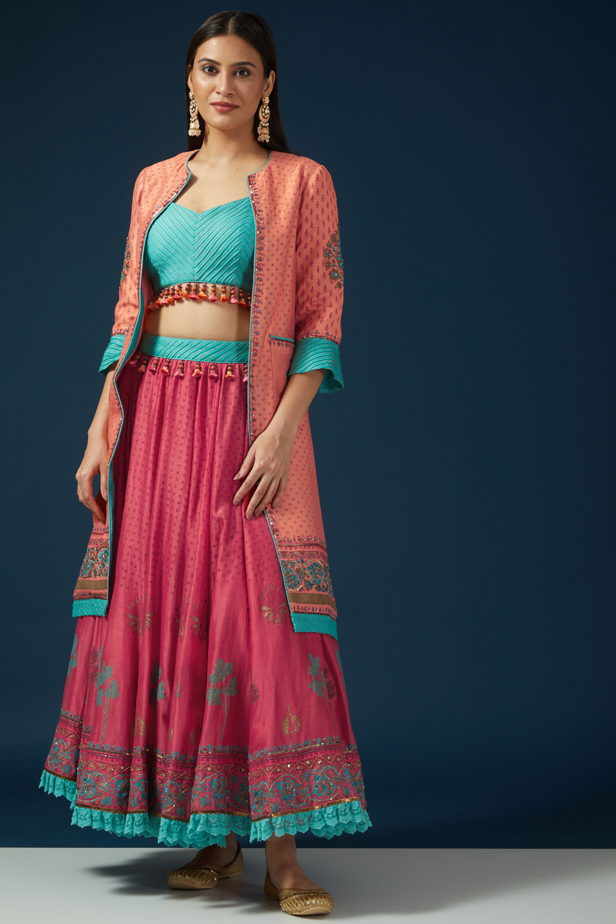 Coral Chanderi Hand Embroidered Lehenga Set by Shashank Arya