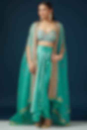 Blue Satin Dhoti Skirt Set by Shashank Arya