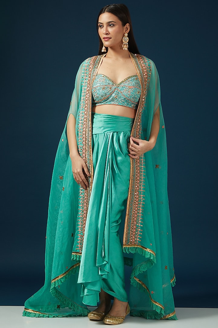 Blue Satin Dhoti Skirt Set by Shashank Arya