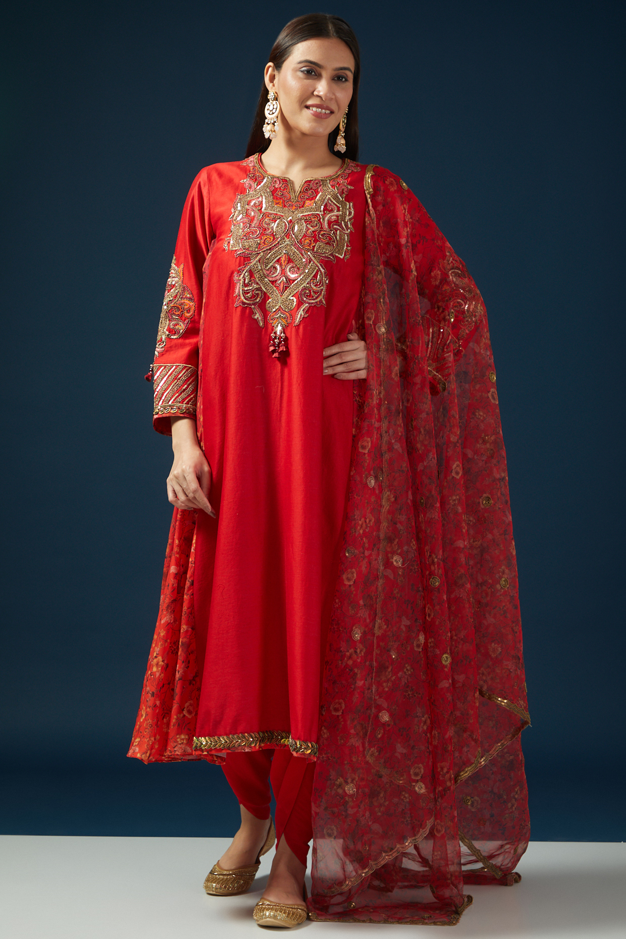 Red Chanderi Chanderi Embroidered & Printed Kurta Set by Shashank Arya