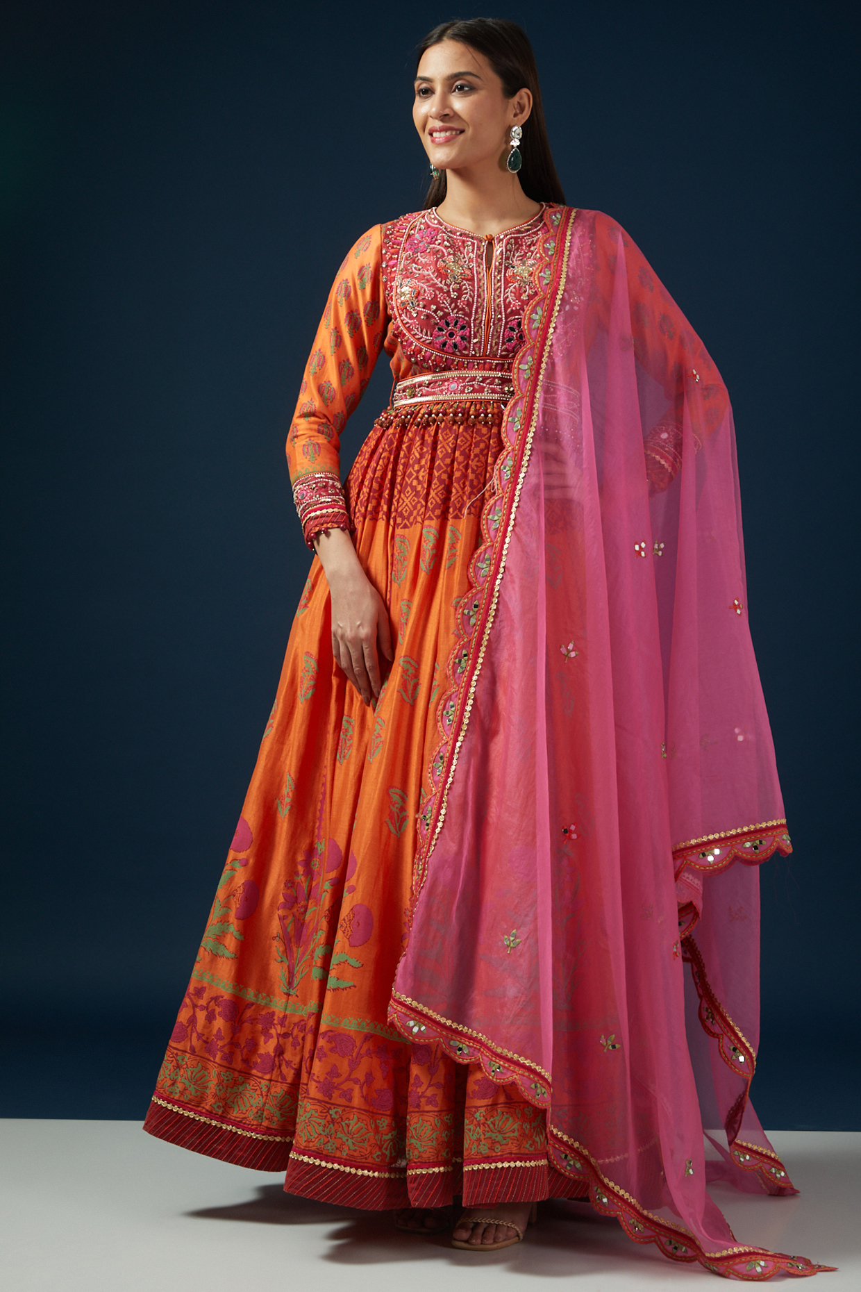 Orange Chanderi Printed & Embroidered Anarkali Set by Shashank Arya