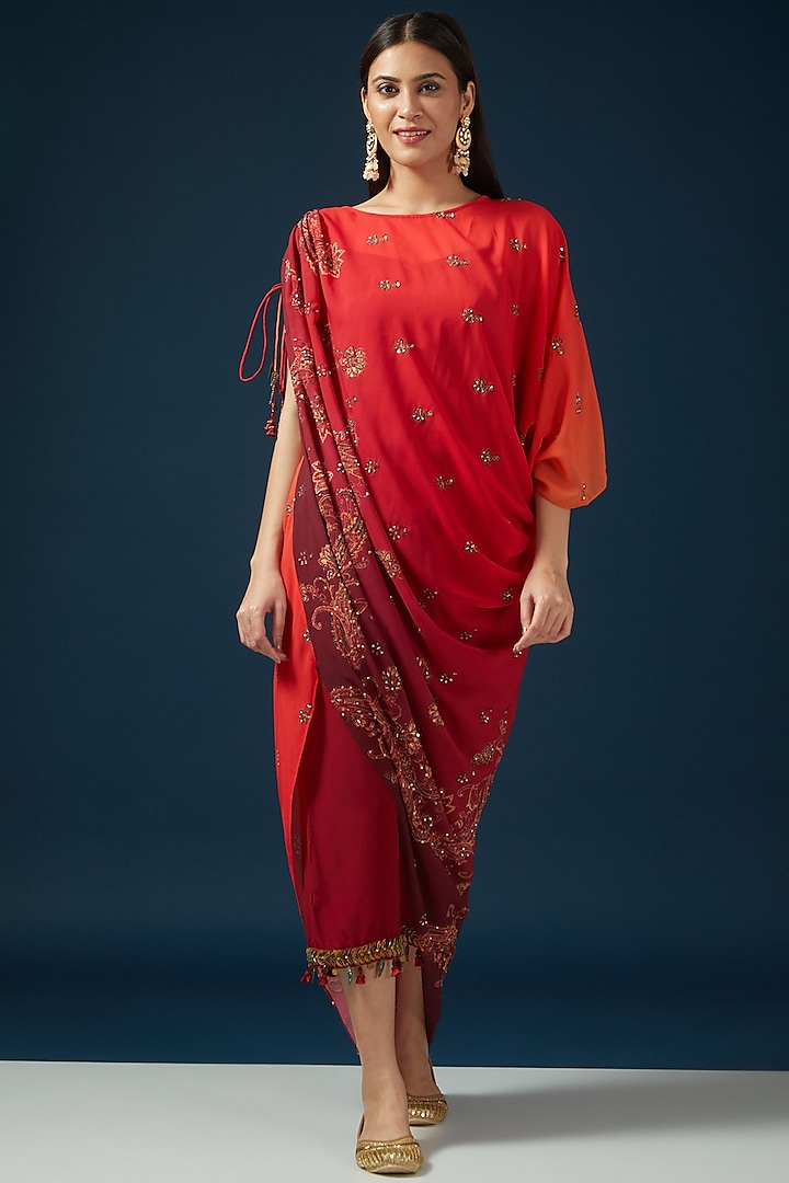 Orange & Wine Flat Chiffon Printed Asymmetric Draped Kurta Set by Shashank Arya