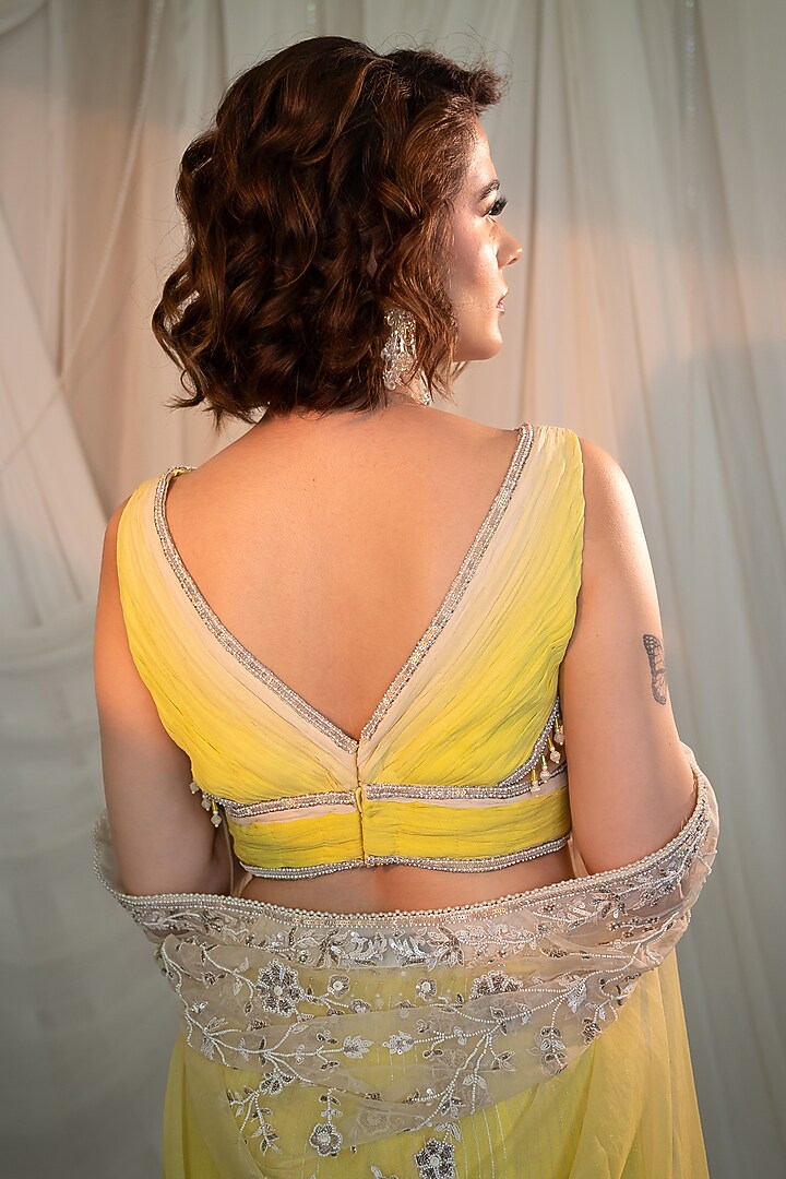 Lemon Yellow Organza Embroidered Cape Set by Shashank Arya at Pernia's Pop Up Shop
