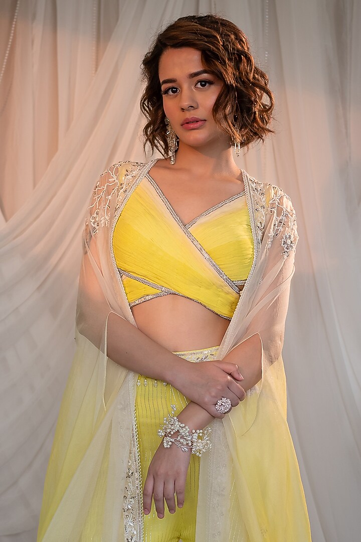 Lemon Yellow Organza Embroidered Cape Set by Shashank Arya at Pernia's Pop Up Shop