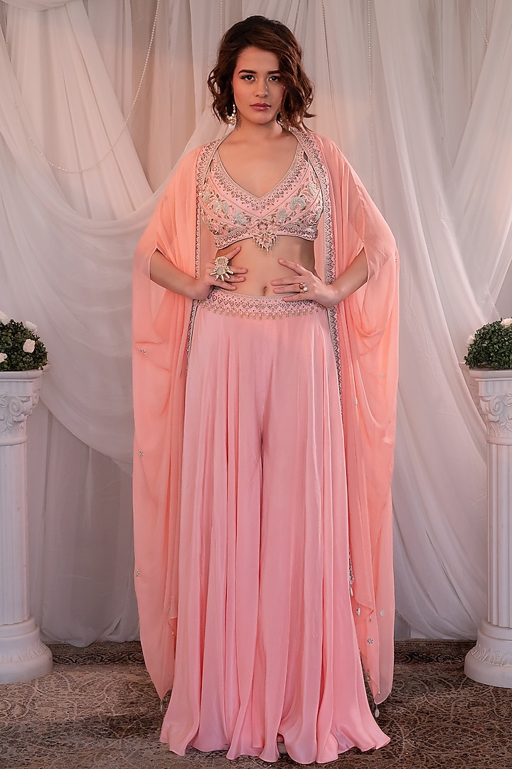Pink Georgette Embroidered Cape Set by Shashank Arya at Pernia's Pop Up Shop