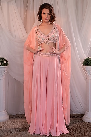 Pink Georgette Embroidered Cape Set by Shashank Arya