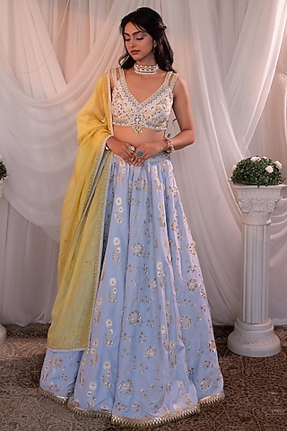 Powder Blue Brocade Embroidered Lehenga Set by Shashank Arya