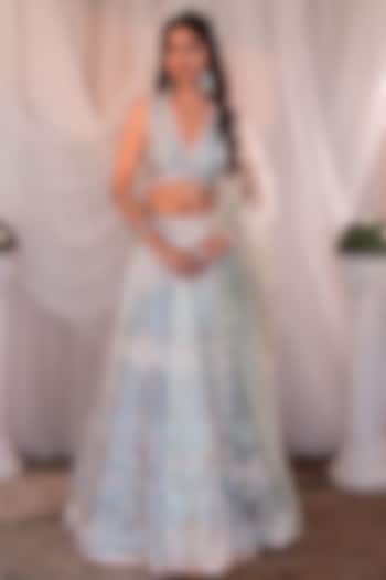 Mint Blue Dupion Embroidered Wedding Lehenga Set by Shashank Arya at Pernia's Pop Up Shop
